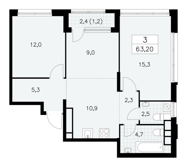 Новая 3-к квартира
 63.2 м² на 29/30 этаже в ЖК «Южные сады» в городе Тюмень 