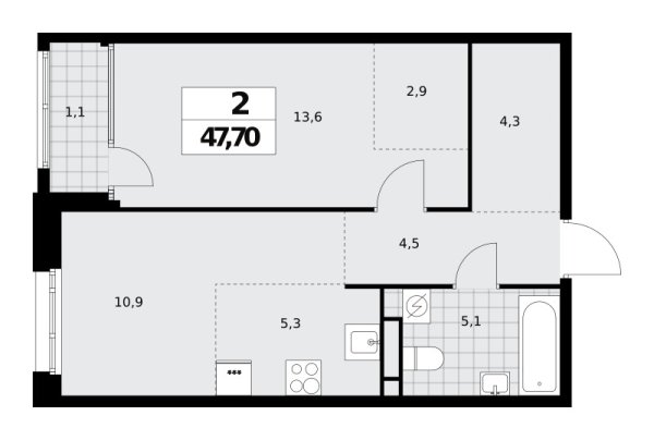 Новая 2-к квартира
 47.7 м² на 16/16 этаже в ЖК «Дом на Зорге» в городе Тюмень 