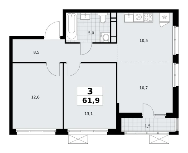Новая 3-к квартира
 61.9 м² на 11/30 этаже в ЖК «Южные сады» в городе Тюмень 