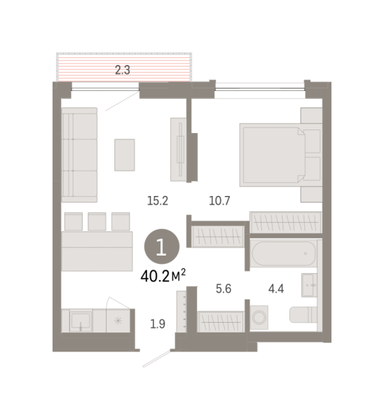 Новая 1-к квартира
 40.18 м² на 3/8 этаже в ЖК «Октябрьский на Туре» в городе Тюмень 