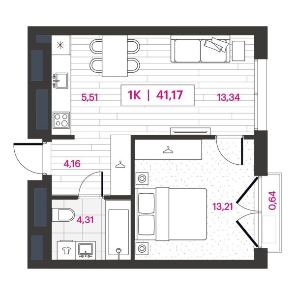 Новая 1-к квартира
 41.17 м² на 11/16 этаже в ЖК «Пушкина» в городе Тюмень 