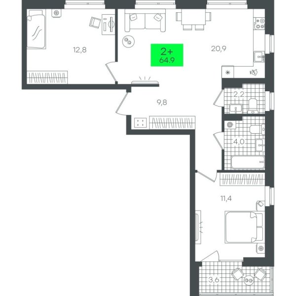 Новая 2-к квартира
 64.97 м² на 6/22 этаже в ЖК «Гранд Квартал» в городе Тюмень 