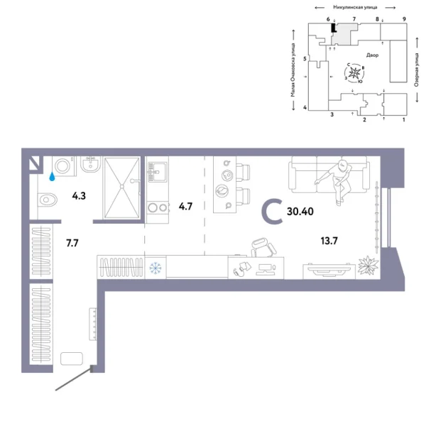 Новая квартира-студия
 30.4 м² на 4/30 этаже в ЖК «Страна.Озёрная» в городе Тюмень 