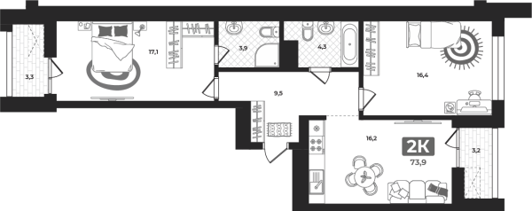 Новая 2-к квартира
 73.9 м² на 8/23 этаже в ЖК «Маэстро» в городе Тюмень 