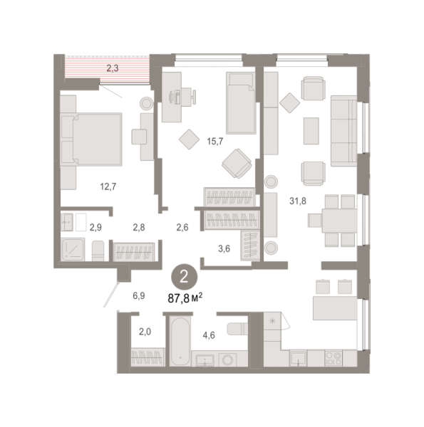 Новая 2-к квартира
 87.81 м² на 12/17 этаже в ЖК «Октябрьский на Туре» в городе Тюмень 
