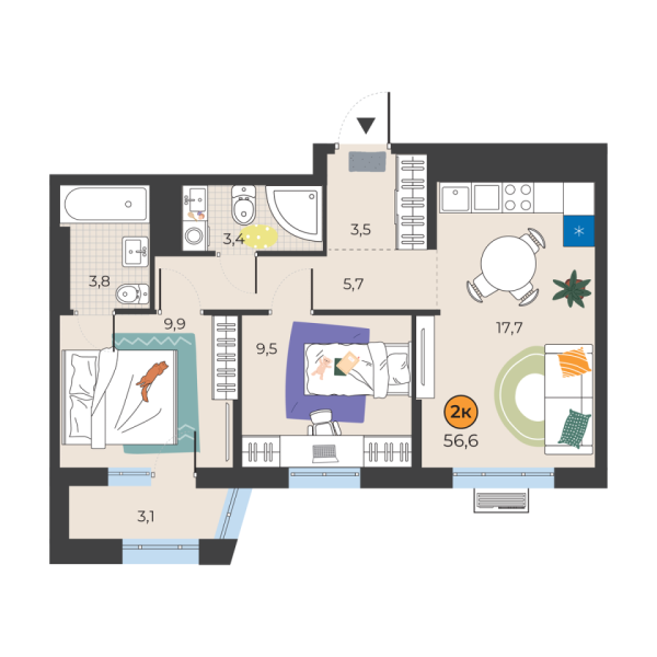 Новая 2-к квартира
 54.4 м² на 25/25 этаже в ЖК «Корней» в городе Тюмень 