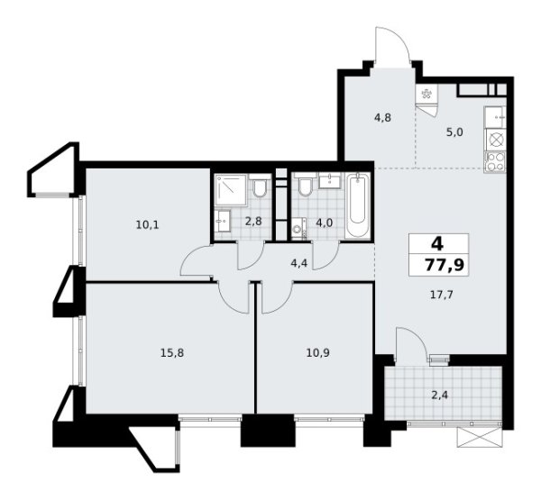 Новая 4-к квартира
 77.9 м² на 14/17 этаже в ЖК «Прокшино» в городе Тюмень 