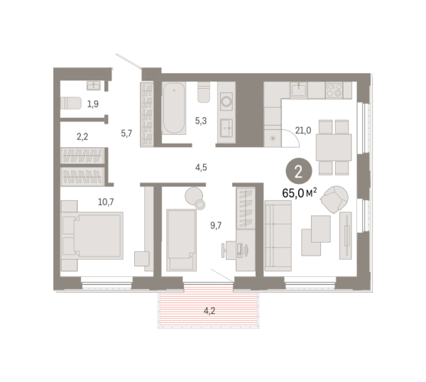Новая 2-к квартира
 65.02 м² на 20/25 этаже в ЖК «Октябрьский на Туре» в городе Тюмень 