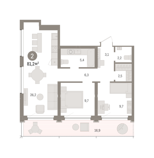 Новая 2-к квартира
 81.91 м² на 3/7 этаже в ЖК «Речной порт» в городе Тюмень 