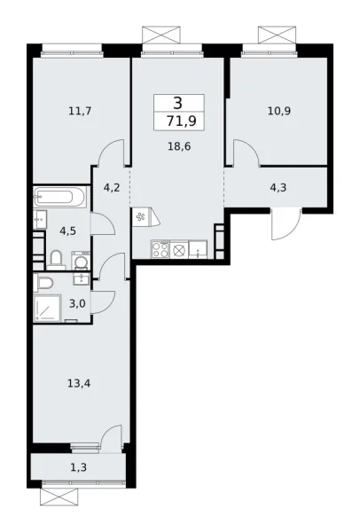 Новая 3-к квартира
 71.9 м² на 8/13 этаже в ЖК «Скандинавия» в городе Тюмень 