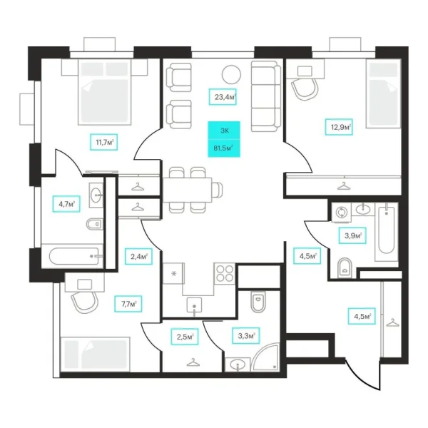Новая 3-к квартира
 81.5 м² на 12/23 этаже в ЖК «Futuro» в городе Тюмень 