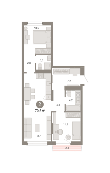 Новая 2-к квартира
 70.46 м² на 4/7 этаже в ЖК «Октябрьский на Туре» в городе Тюмень 