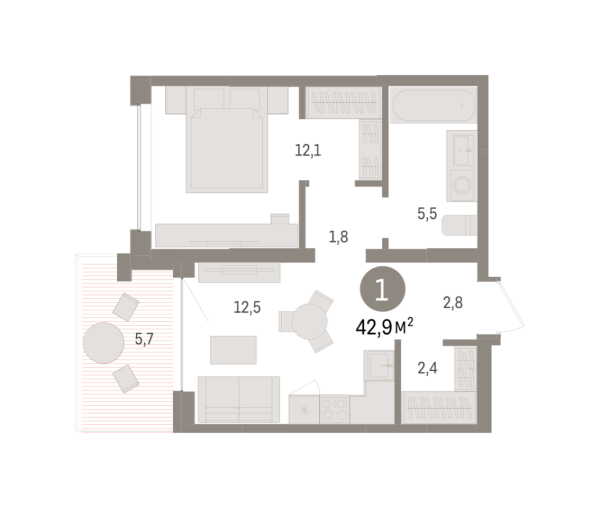 Новая 1-к квартира
 42.89 м² на 4/8 этаже в ЖК «Европейский квартал» в городе Тюмень 