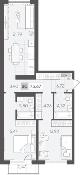 Новая 2-к квартира
 75.67 м² на 2/17 этаже в ЖК «Скандиа. Квартал в Комарово Парк» в городе Тюмень 