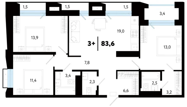 Новая 3-к квартира
 83.65 м² на 4/25 этаже в ЖК «Кедровый берег» в городе Тюмень 
