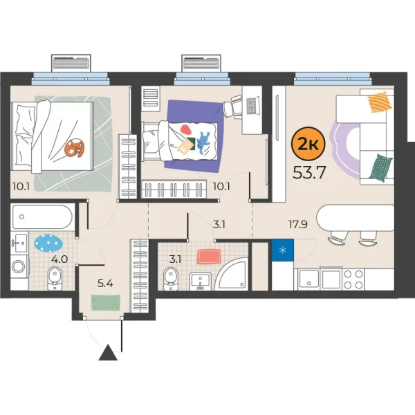 Новая 2-к квартира
 53.7 м² на 5/25 этаже в ЖК «Корней» в городе Тюмень 