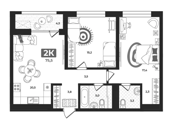 Новая 2-к квартира
 75.5 м² на 9/23 этаже в ЖК «Маэстро» в городе Тюмень 