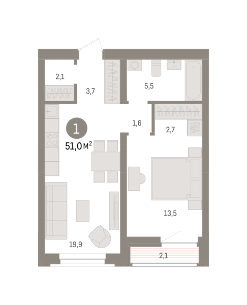 Новая 1-к квартира
 50.6 м² на 2/10 этаже в ЖК «Речной порт» в городе Тюмень 