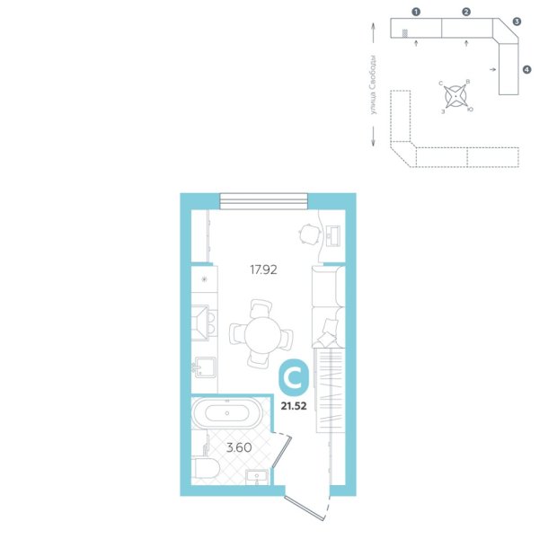 Новая квартира-студия
 21.52 м² на 4/5 этаже в ЖК «Счастье» в городе Тюмень 
