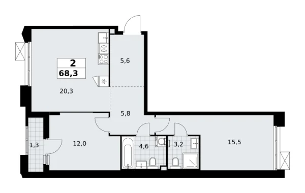 Новая 2-к квартира
 68.3 м² на 2/16 этаже в ЖК «Деснаречье» в городе Тюмень 