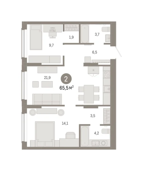 Новая 2-к квартира
 65.45 м² на 2/17 этаже в ЖК «Октябрьский на Туре» в городе Тюмень 