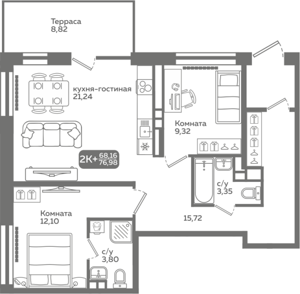 Новая 3-к квартира
 71.72 м² на 1/21 этаже в ЖК «Меридиан Слобода» в городе Тюмень 