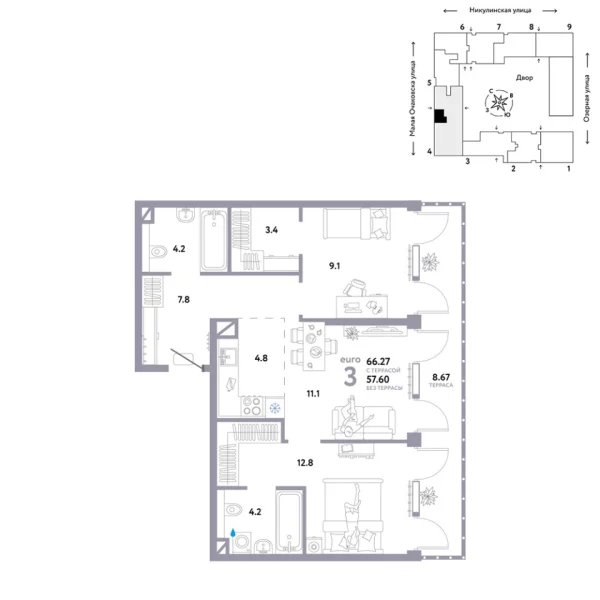 Новая 3-к квартира
 66.27 м² на 8/30 этаже в ЖК «Страна.Озёрная» в городе Тюмень 