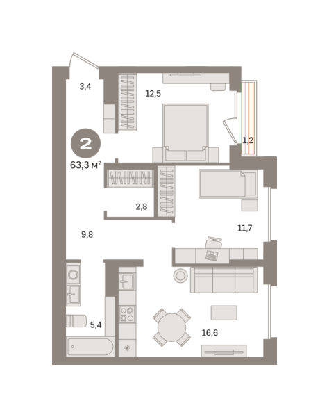 Новая 2-к квартира
 63.27 м² на 9/9 этаже в ЖК «Первый квартал» в городе Тюмень 