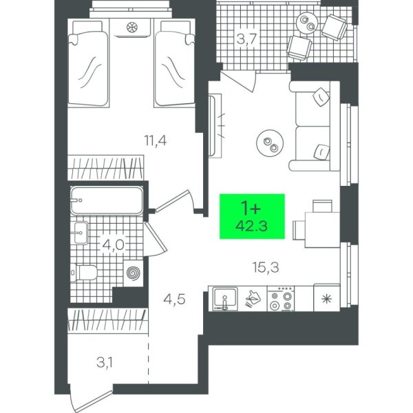 Новая 1-к квартира
 42.39 м² на 10/22 этаже в ЖК «Гранд Квартал» в городе Тюмень 