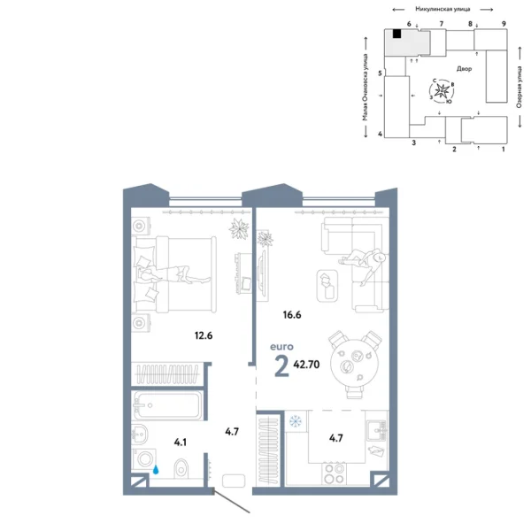 Новая 2-к квартира
 42.7 м² на 30/30 этаже в ЖК «Страна.Озёрная» в городе Тюмень 