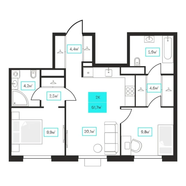 Новая 2-к квартира
 61.7 м² на 14/23 этаже в ЖК «Futuro» в городе Тюмень 