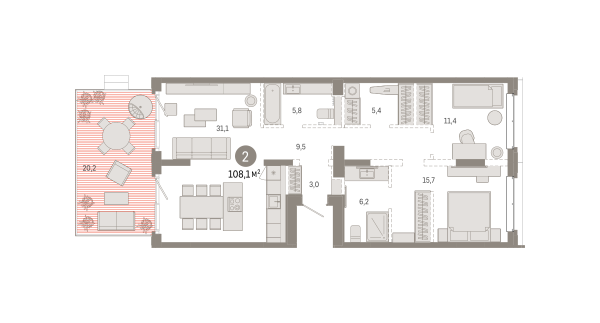 Новая 2-к квартира
 108.09 м² на 2/7 этаже в ЖК «Кварталы «На Минской»» в городе Тюмень 