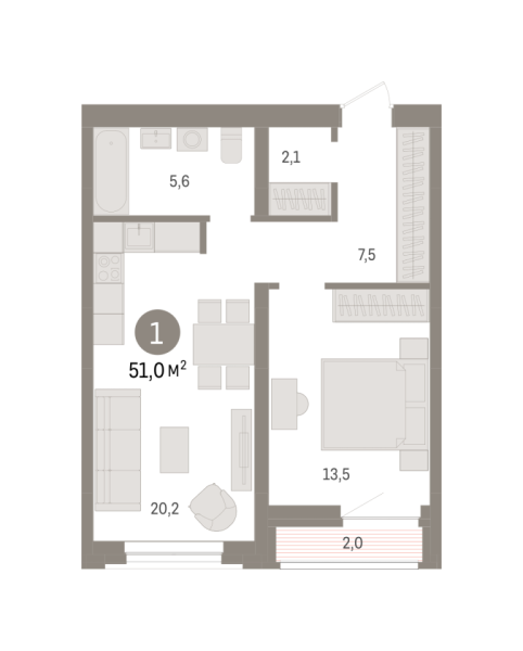 Новая 1-к квартира
 51 м² на 6/8 этаже в ЖК «Речной порт» в городе Тюмень 