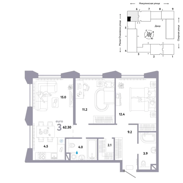 Новая 3-к квартира
 62.3 м² на 27/30 этаже в ЖК «Страна.Озёрная» в городе Тюмень 