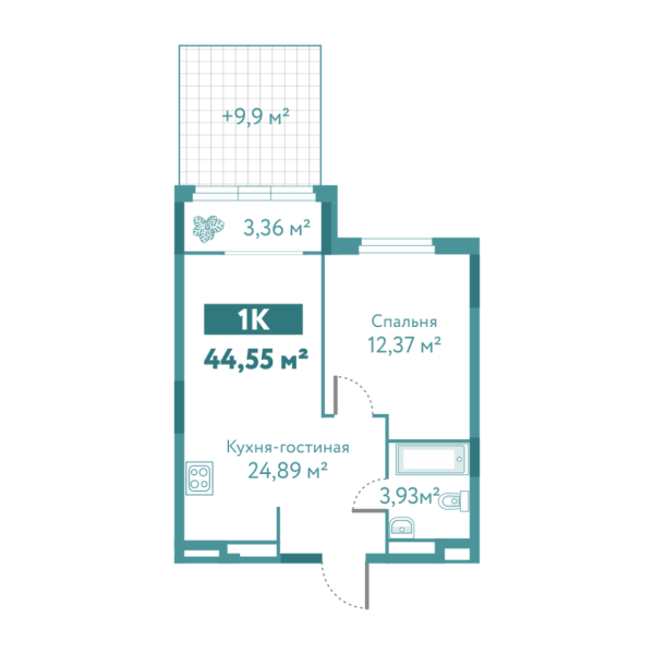 Новая 1-к квартира
 44.55 м² на 1/10 этаже в ЖК «Акватория» в городе Тюмень 
