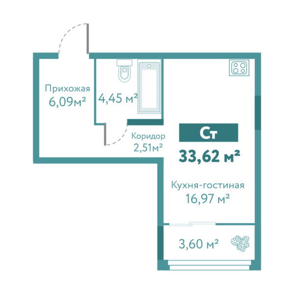Новая квартира-студия
 33.62 м² на 1/10 этаже в ЖК «Акватория» в городе Тюмень 