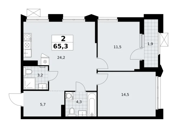 Новая 2-к квартира
 65.3 м² на 19/22 этаже в ЖК «Деснаречье» в городе Тюмень 