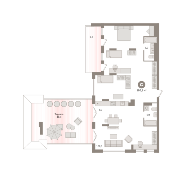 Новая 2-к квартира
 186.15 м² на 4/9 этаже в ЖК «Гудзон» в городе Тюмень 