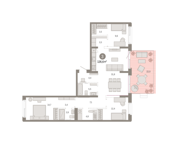 Новая 3-к квартира
 126.64 м² на 2/11 этаже в ЖК «Кварталы «На Минской»» в городе Тюмень 