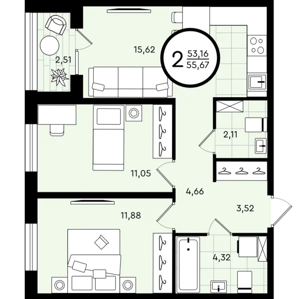 Квартира, 55 кв.м., Тюмень, Тюменская область, Александра Звягина