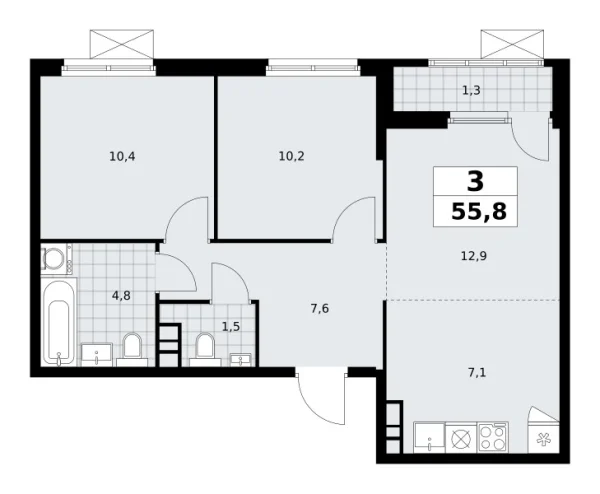 Новая 3-к квартира
 55.8 м² на 16/30 этаже в ЖК «Южные сады» в городе Тюмень 