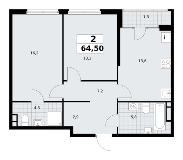 Новая 2-к квартира
 64.5 м² на 9/16 этаже в ЖК «Дом на Зорге» в городе Тюмень 