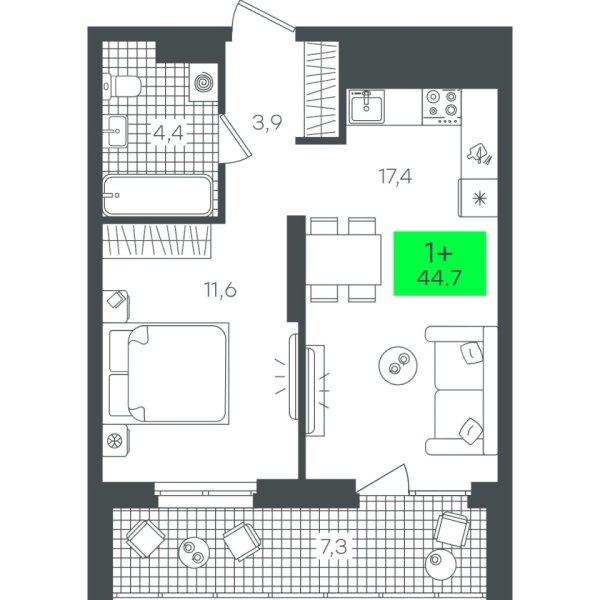 Новая 1-к квартира
 44.76 м² на 17/22 этаже в ЖК «Гранд Квартал» в городе Тюмень 