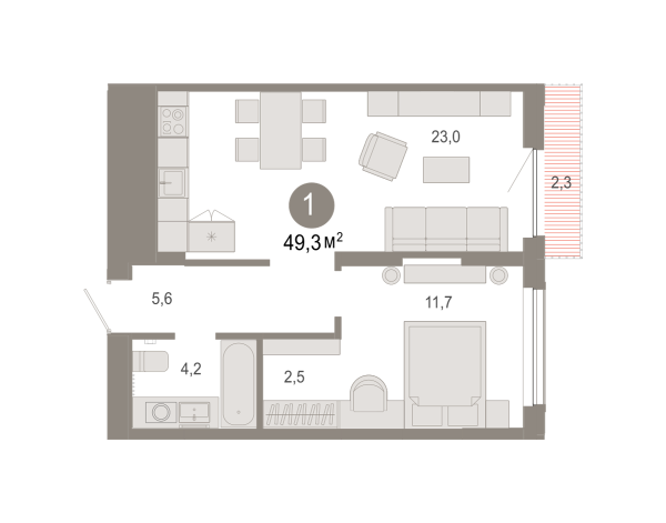 Новая 1-к квартира
 49.29 м² на 4/17 этаже в ЖК «Октябрьский на Туре» в городе Тюмень 
