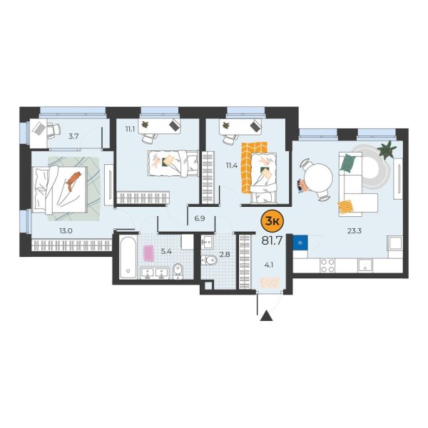 Новая 3-к квартира
 81.7 м² на 2/14 этаже в ЖК «Корней» в городе Тюмень 