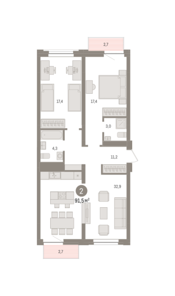 Новая 2-к квартира
 91.5 м² на 6/9 этаже в ЖК «Речной порт» в городе Тюмень 