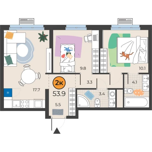 Новая 2-к квартира
 53.9 м² на 4/25 этаже в ЖК «Корней» в городе Тюмень 