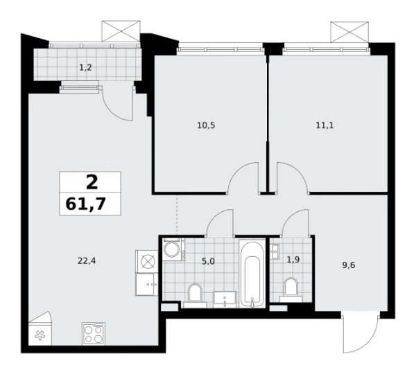 Новая 2-к квартира
 61.7 м² на 2/16 этаже в ЖК «Деснаречье» в городе Тюмень 