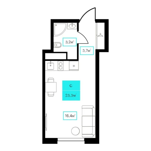 Новая квартира-студия
 23.3 м² на 12/23 этаже в ЖК «Futuro» в городе Тюмень 