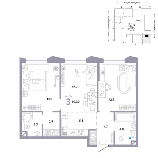 Новая 3-к квартира
 60.3 м² на 23/30 этаже в ЖК «Страна.Озёрная» в городе Тюмень 